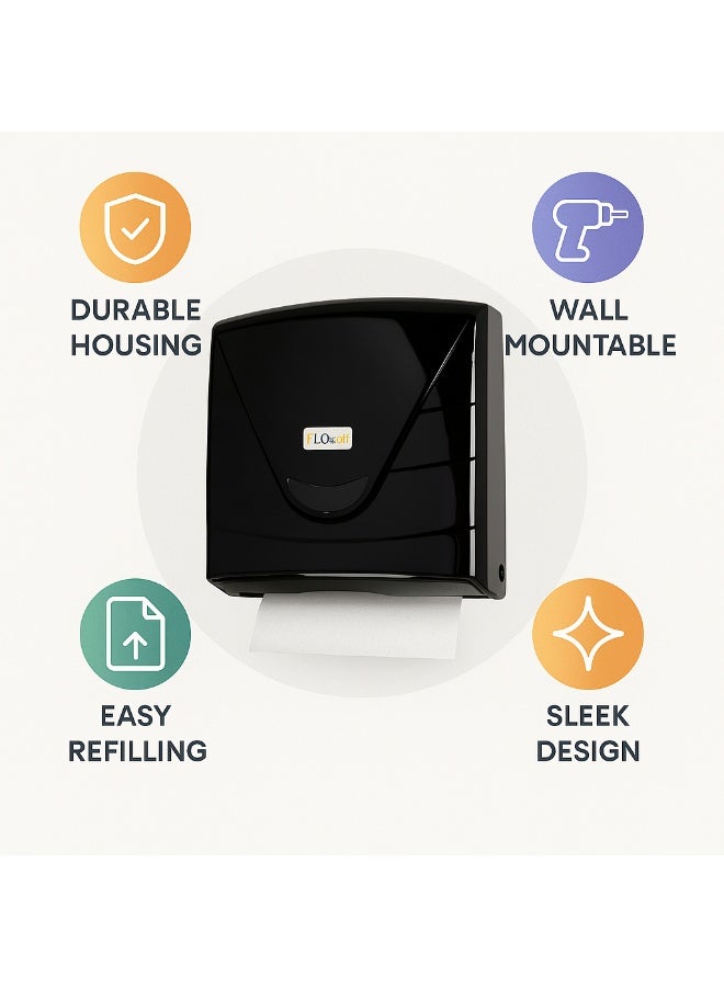 فلوسوفت موزع مناشف ورقية طي Z للتثبيت على الحائط مصنوع من البلاستيك بسعة 300 منديل ورقي باللون الأسود مقاس 22 سم × 22 سم للاستخدام في الحمام والمكتب والمنزل - Image 4