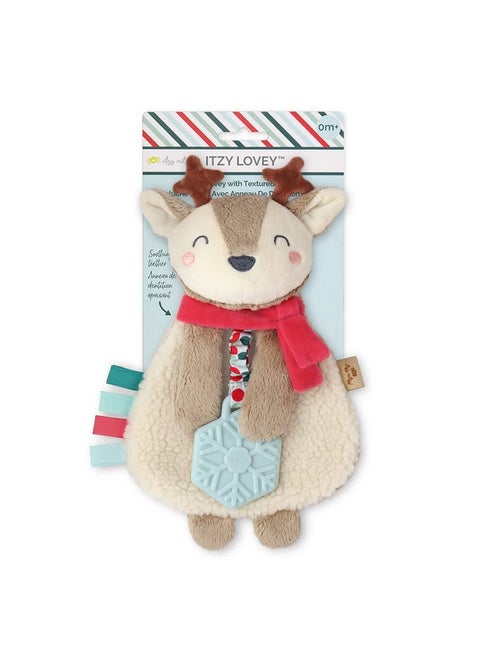 - Itzy Lovey Including Teether - Baby Lovey With Teether, Textured Ribbons & Dangle Arms - Features Crinkle Sound, Sherpa Fabric And Minky Plush (Jolly The Reindeer)