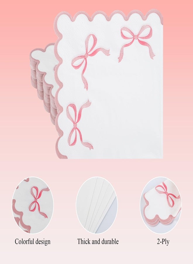 Elyxio 100 Pink Bow Paper Napkins Coquette Cute Disposable Party Napkins 6.5" Scalloped Edge White Pink Hand Towels for Birthday Bridal Bachelorette Party Supplies - Image 3
