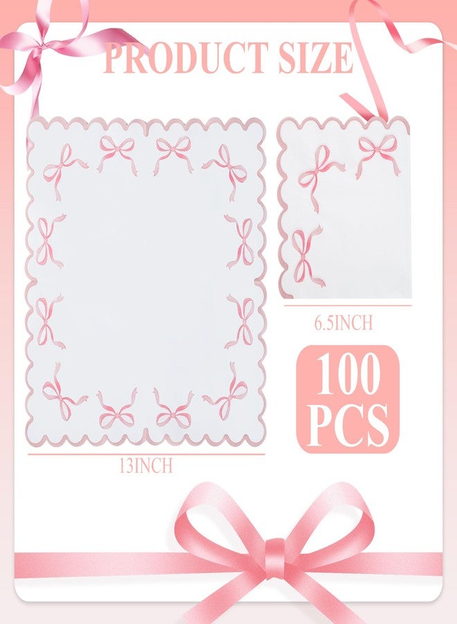 Elyxio 100 Pink Bow Paper Napkins Coquette Cute Disposable Party Napkins 6.5" Scalloped Edge White Pink Hand Towels for Birthday Bridal Bachelorette Party Supplies - Image 2
