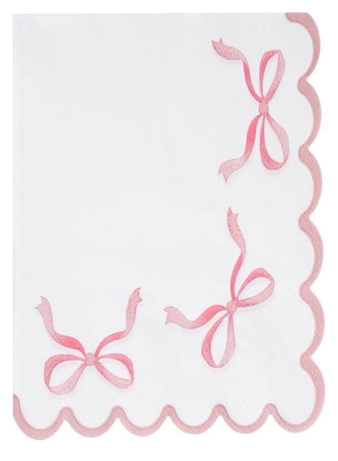 Elyxio 100 Pink Bow Paper Napkins Coquette Cute Disposable Party Napkins 6.5" Scalloped Edge White Pink Hand Towels for Birthday Bridal Bachelorette Party Supplies - Image 1