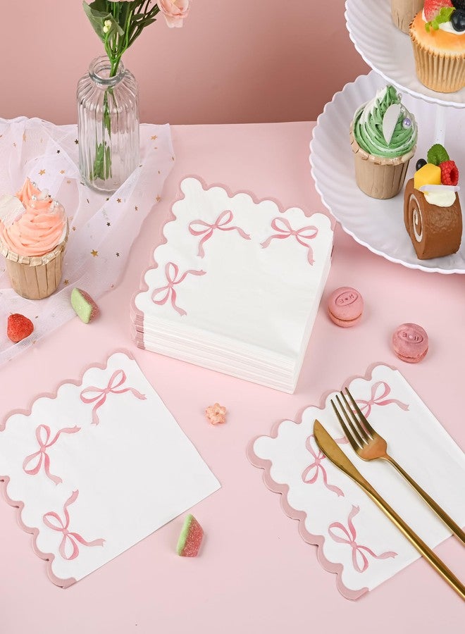 Elyxio 100 Pink Bow Paper Napkins Coquette Cute Disposable Party Napkins 6.5" Scalloped Edge White Pink Hand Towels for Birthday Bridal Bachelorette Party Supplies - Image 5