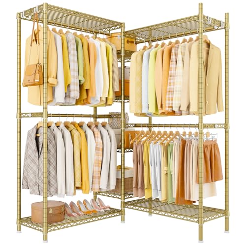 Ulif E4L Corner Clothes Rack, L Shaped Garment Rack, Heavy-Duty Freestanding Closet System with Shelves and Hangers, Max Load 962lbs, 42.7" W x 42.7" D x 79.3" H, Gold - Image 1