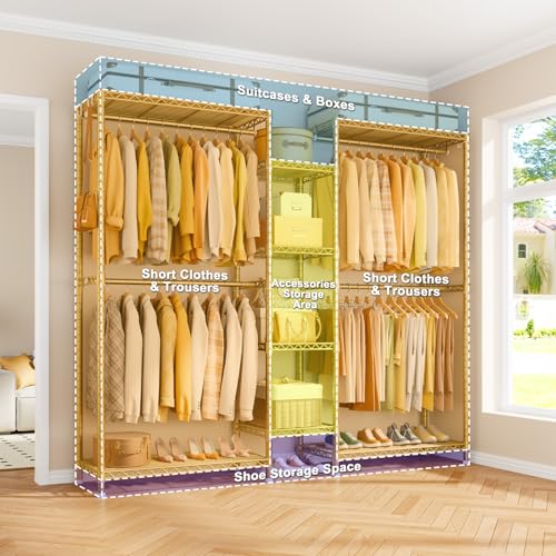 Ulif E4L Corner Clothes Rack, L Shaped Garment Rack, Heavy-Duty Freestanding Closet System with Shelves and Hangers, Max Load 962lbs, 42.7" W x 42.7" D x 79.3" H, Gold - Image 5