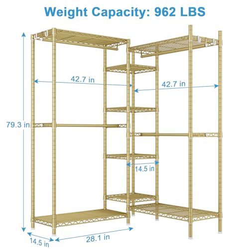 Ulif E4L Corner Clothes Rack, L Shaped Garment Rack, Heavy-Duty Freestanding Closet System with Shelves and Hangers, Max Load 962lbs, 42.7" W x 42.7" D x 79.3" H, Gold - Image 4