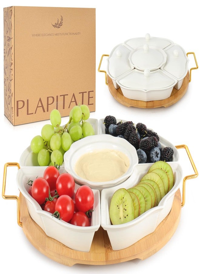 PLAPITATE صواني تقديم وأطباق حفلات من بلابيتيت، صينية تقديم دوارة من السيراميك بأقسام مقسمة، صينية تقديم مقبلات دوارة للفواكه والخضراوات ورقائق البطاطس والصلصات - Image 1