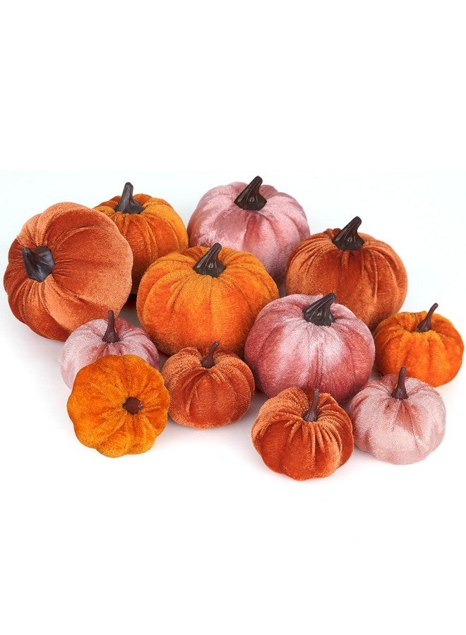 Artmag 12Pcs Fall Artificial Velvet Pumpkins Assorted Sizes Orange Brown Pink Fake Farmhouse Harvest Pumpkins for Fall Thanksgiving Party Home Decoration - Image 1