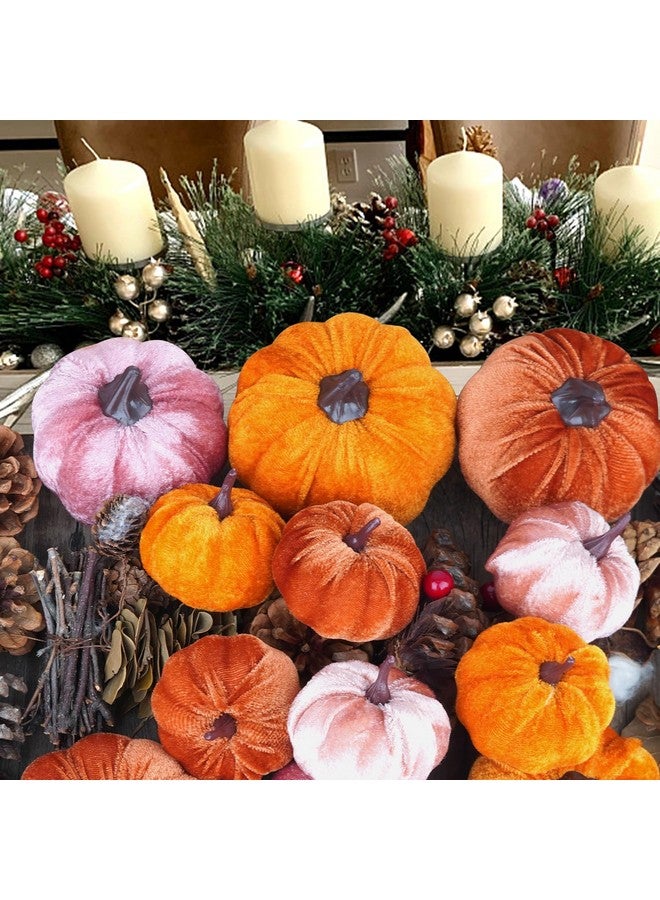 Artmag 12Pcs Fall Artificial Velvet Pumpkins Assorted Sizes Orange Brown Pink Fake Farmhouse Harvest Pumpkins for Fall Thanksgiving Party Home Decoration - Image 2