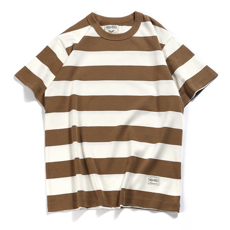 Generic OKONKWO new American retro Kaji T-shirt heavy prisoner motorcycle mens short sleeve thick large striped T-shirt 9132 apricot White Stripes 