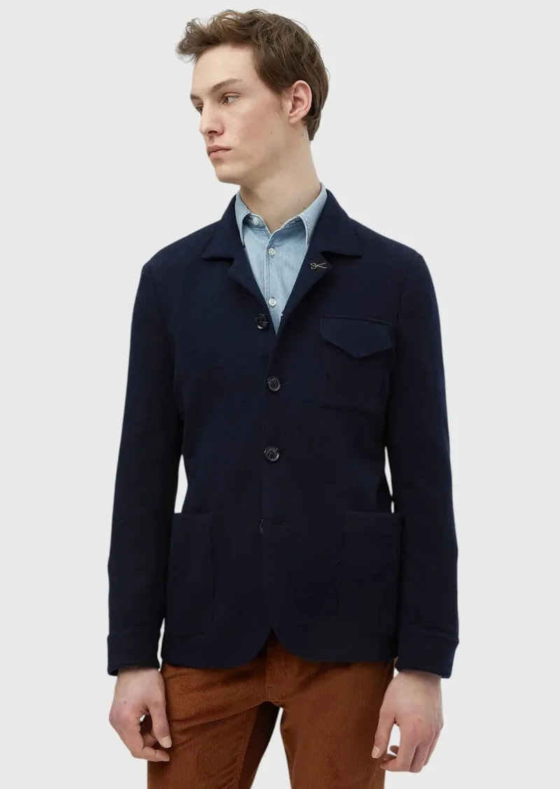 RAMSEY Navy Blue Plain Shirt Shoulder Slim Fit 100% Wool Jacket