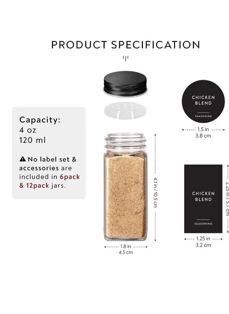 Laseta - 24 Glass Spice Jars with w/40 Labels Stickers-4oz Empty Square Spice Containers,24 Shaker Lids and Airtight Metal Caps, Silicone Collapsible Funnel & Brush Included - Image 1