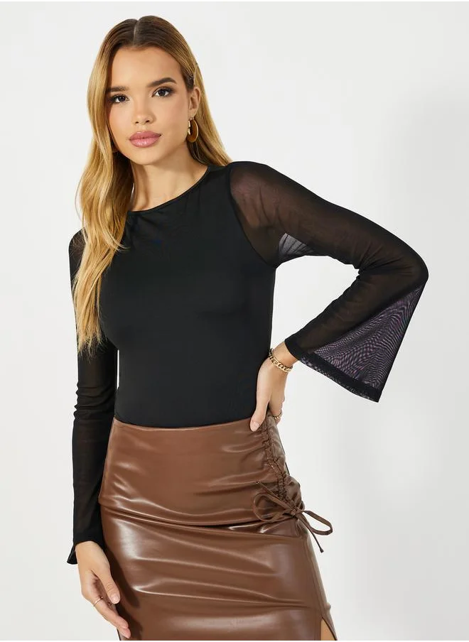 Styli Mesh Insert Bell Sleeves Bodysuit