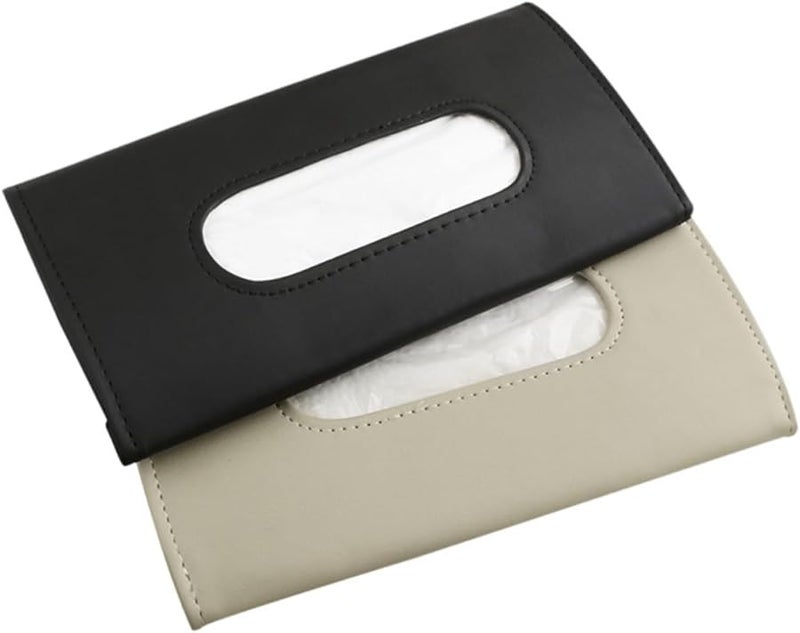 GANAZONO 2 قطعة حامل علبة المناديل الجلدية لحاجب الشمس للسيارة أسود بيج سهل التركيب للمركبات - Image 2