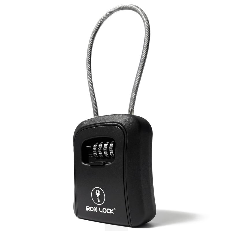 Iron LockÂ® Key Lock Box Portable with Cable Shackle & Wall Mount â€“ Waterproof Metal Lock Box for Keys with 4-Digit Combination & Resettable Code â€“ Indoor/Outdoor Key Safe (Black, Medium) - Image 1