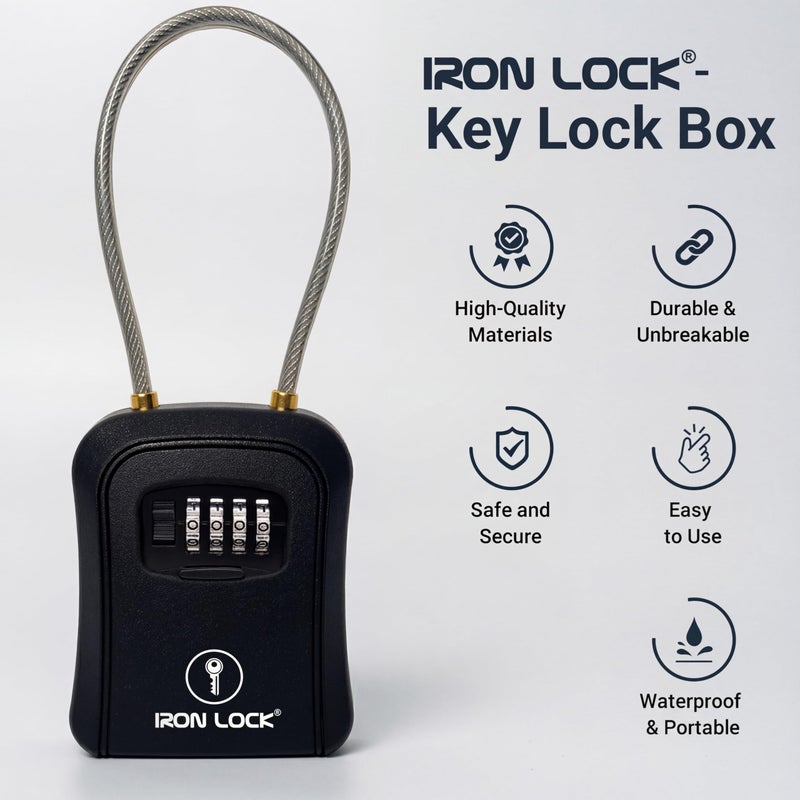 Iron LockÂ® Key Lock Box Portable with Cable Shackle & Wall Mount â€“ Waterproof Metal Lock Box for Keys with 4-Digit Combination & Resettable Code â€“ Indoor/Outdoor Key Safe (Black, Medium) - Image 3