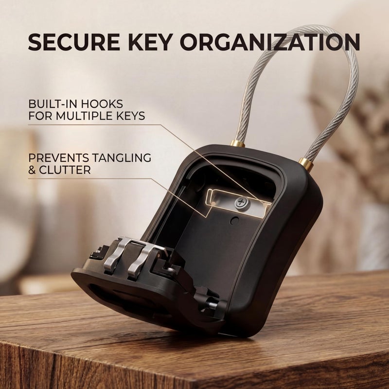 Iron LockÂ® Key Lock Box Portable with Cable Shackle & Wall Mount â€“ Waterproof Metal Lock Box for Keys with 4-Digit Combination & Resettable Code â€“ Indoor/Outdoor Key Safe (Black, Medium) - Image 2