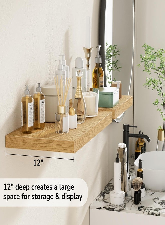 Fun Memories Floating Shelves - 2 Pack 12 Inch Deep Rustic Wooden Wall Shelves - Extra Deeper & Thicker Wall Mounted Storage Shelf for Living Room, Kitchen, Farmhouse - 24" W x 12" D x 1.5" H - Oak - Image 4