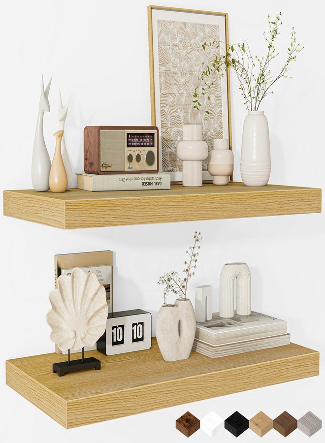 Fun Memories Floating Shelves - 2 Pack 12 Inch Deep Rustic Wooden Wall Shelves - Extra Deeper & Thicker Wall Mounted Storage Shelf for Living Room, Kitchen, Farmhouse - 24" W x 12" D x 1.5" H - Oak - Image 1