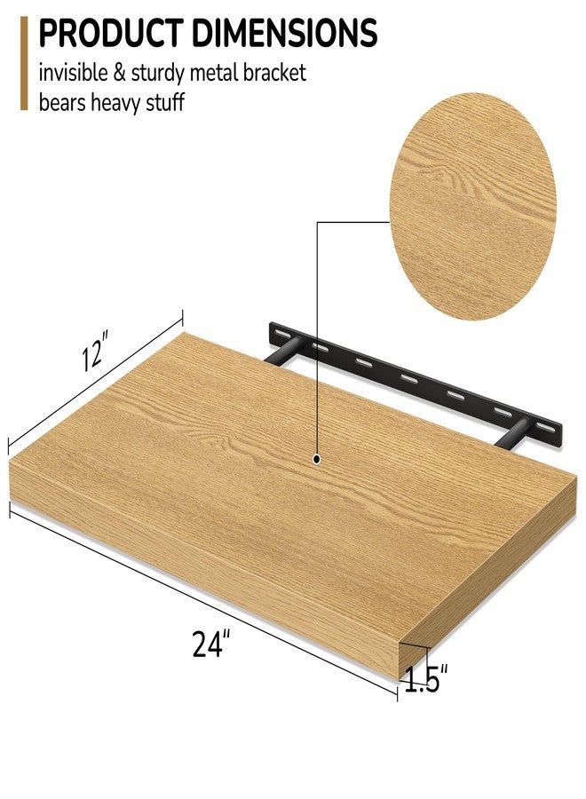 Fun Memories Floating Shelves - 2 Pack 12 Inch Deep Rustic Wooden Wall Shelves - Extra Deeper & Thicker Wall Mounted Storage Shelf for Living Room, Kitchen, Farmhouse - 24" W x 12" D x 1.5" H - Oak - Image 2