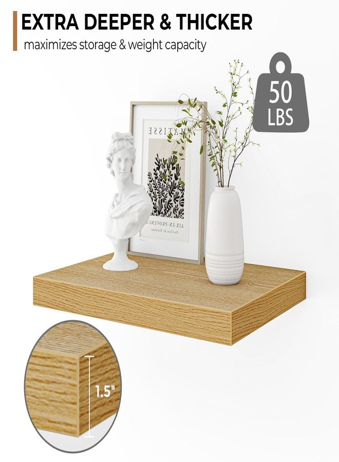 Fun Memories Floating Shelves - 2 Pack 12 Inch Deep Rustic Wooden Wall Shelves - Extra Deeper & Thicker Wall Mounted Storage Shelf for Living Room, Kitchen, Farmhouse - 24" W x 12" D x 1.5" H - Oak - Image 3