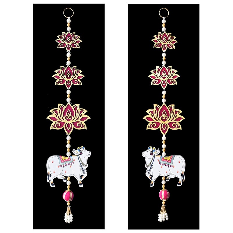 Saugat Traders Pichwai Cow with Lotus Wall Hanging for Home Decor - Pooja Room - Main Door - Floral Wall Hanging for Main Door Entrance - Traditional Wall Hanging Set (Pair of 2) - Image 1