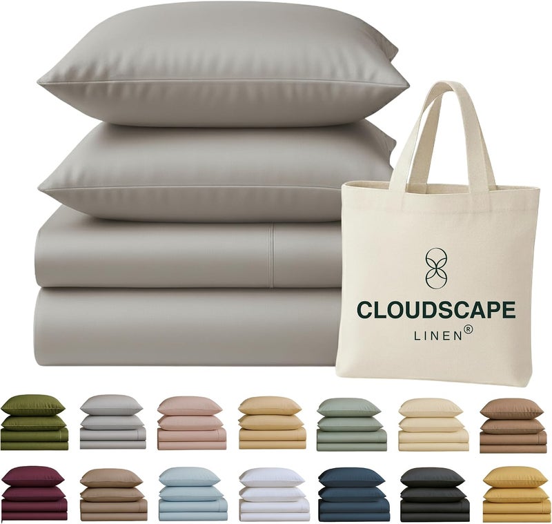 كلاود سكيب لينين شراشف CLOUDSCAPE من القطن المصري 100% مقاس كينج - عدد الخيوط 400، مجموعة شراشف سرير ذات جيب عميق إضافي 17 بوصة، تناسب سرير كاليفورنيا كينج، فاخرة، أغطية سرير متينة مبردة لجميع الفصول للصيف - فضي - Image 1
