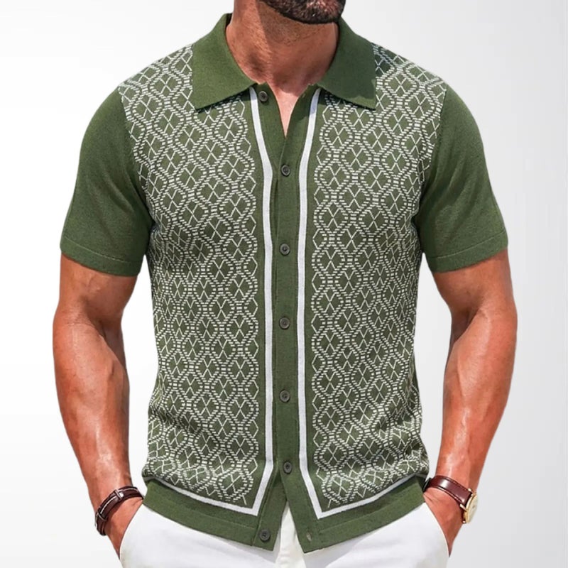 Men's Short Sleeve Polo Shirt Casual Jacquard Knit Cardigan - Image 1