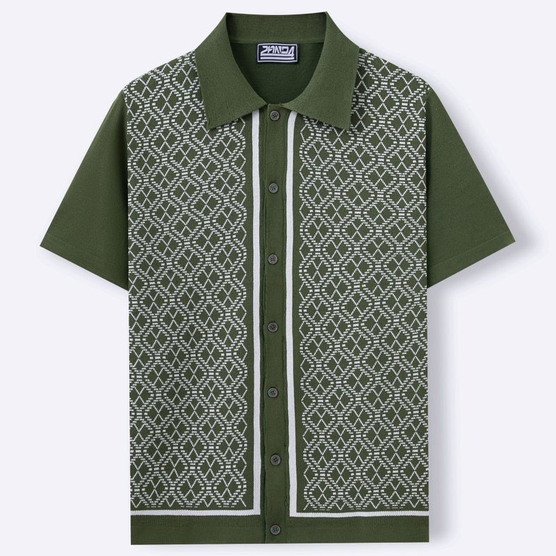 Men's Short Sleeve Polo Shirt Casual Jacquard Knit Cardigan - Image 2