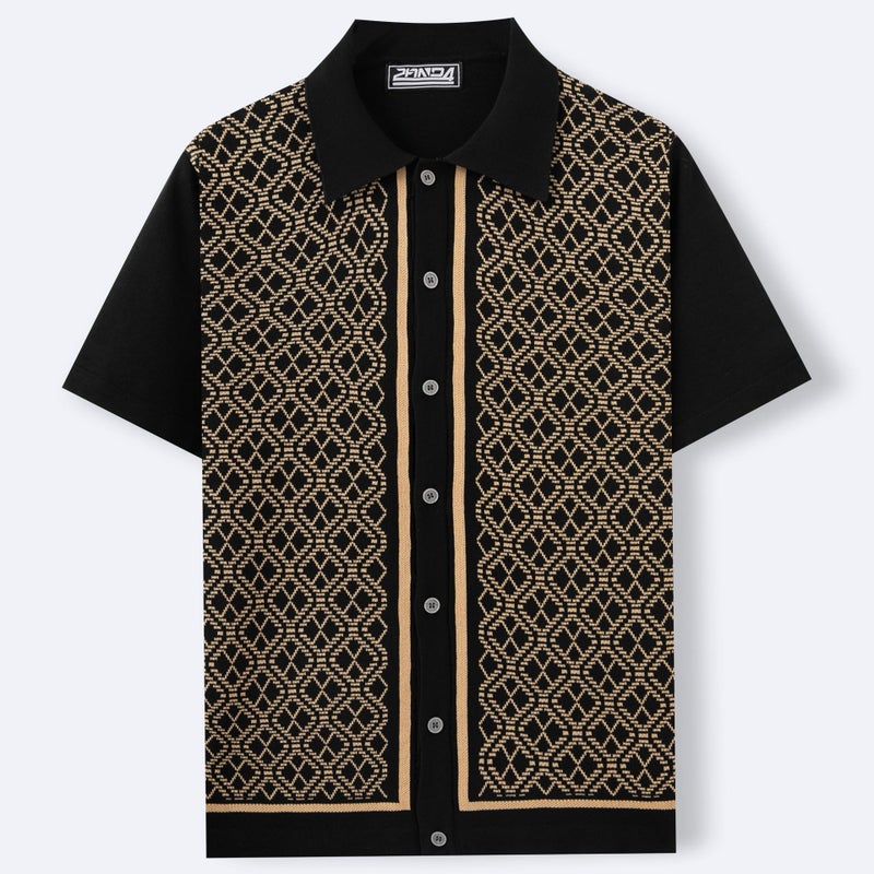 Men's Short Sleeve Polo Shirt Casual Jacquard Knit Cardigan - Image 4