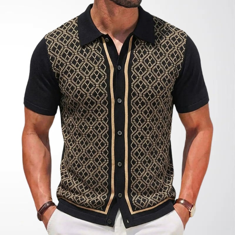 Men's Short Sleeve Polo Shirt Casual Jacquard Knit Cardigan - Image 3