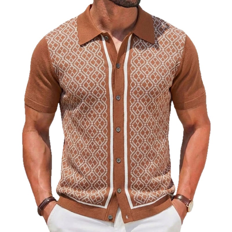 Men's Short Sleeve Polo Shirt Casual Jacquard Knit Cardigan - Image 5