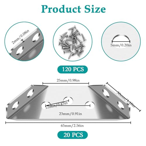 Gozaqe Corner Connectors,20Pcs Stainless Steel Heavy Duty Furniture Corner Connector,2MM Thickness,Suitable for Reinforcing Wooden Cabinets,Shelves,Tables,Chairs,Etc (with 120Pcs Screws) - Image 2