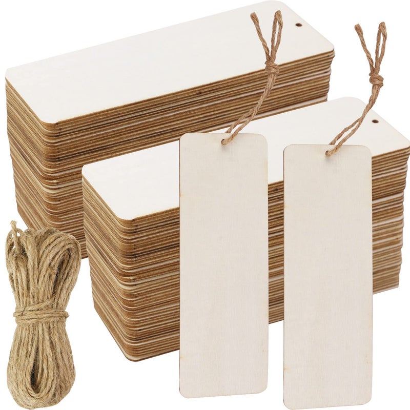 FSWCCK 50 Pcs 6 x 2 Inch Large Size Blank Wooden Gift Tags Labels Unfinished Wooden Book Markers Ornaments with Holes and Ropes for DIY Crafts Wedding Birthday Party Decors
