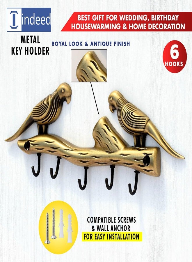 Indeed Love Bird Key Holder | Two Parrots Brass Key Stand & Wall Mount Hanger with 5 Hooks | Home Decor & Housewarming Gift 21x7cm (Brass Antique) - Image 4