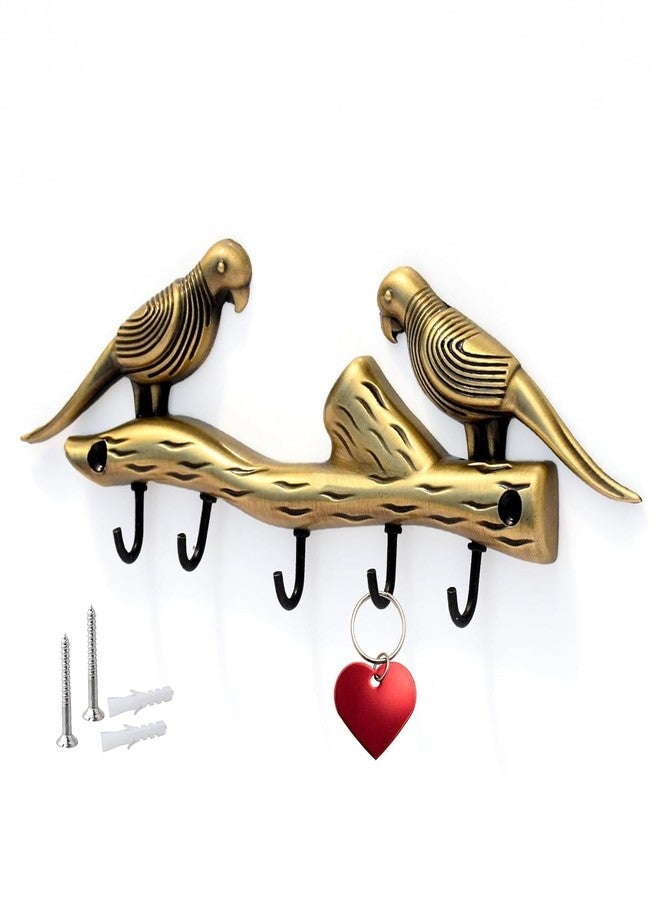 Indeed Love Bird Key Holder | Two Parrots Brass Key Stand & Wall Mount Hanger with 5 Hooks | Home Decor & Housewarming Gift 21x7cm (Brass Antique) - Image 2