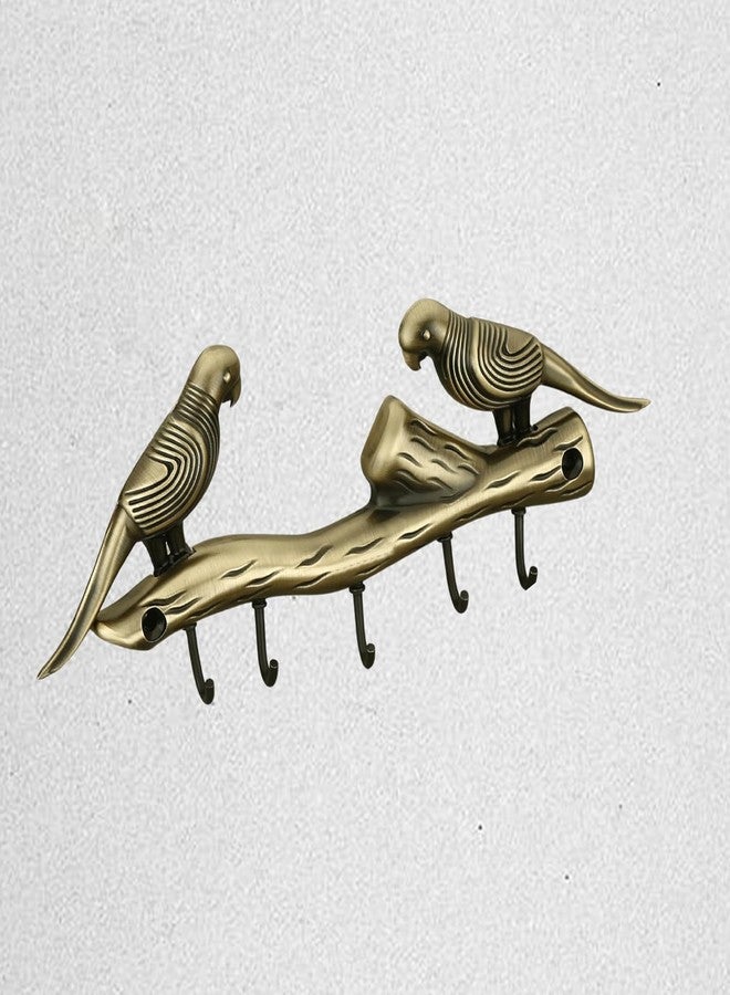 Indeed Love Bird Key Holder | Two Parrots Brass Key Stand & Wall Mount Hanger with 5 Hooks | Home Decor & Housewarming Gift 21x7cm (Brass Antique) - Image 1