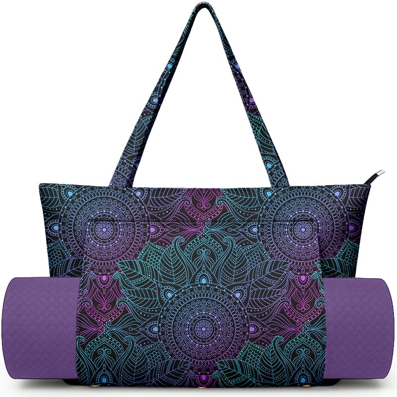 Adalore Women's Yoga Bag Carrier Carryall Canvas Tote Colorful Mandala Pattern Yoga Mat Bags Carrier - Large Mat Pocket Fitness Tote for Pilates, Gym, Travel, Office & Beach - Image 1