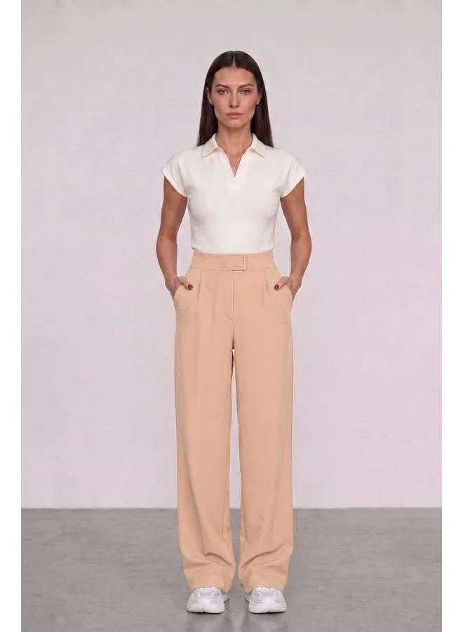 Mmetalic Women's High-Waist Zip-Closure Elastic Waist Zipper Pocket Stretch Beige Palazzo Pants.