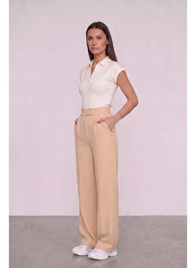Mmetalic Women's High-Waist Zip-Closure Elastic Waist Zipper Pocket Stretch Beige Palazzo Pants.