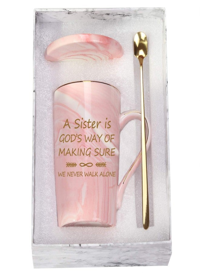Toshiy Pink Coffee Mug With Box, Spoon, Coaster - 'A Sister Is God's Way of Making Sure We Never Walk Alone' - 14 Ounce Cup, Birthday Gifts for Sister In Law, Brother, Sis - Image 1
