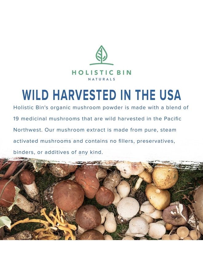 Holistic Bin Organic Mushroom Blend Powder 19 Wild Harvested Varieties (Lion's Mane, Reishi, Enoki, Mesima, Turkey Tail, Cordyceps, & More) | Adaptogenic Mushrooms Supplement | Made in The USA - Image 2