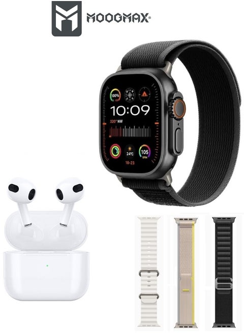 The Smart bundle package 2-in-1, Ultra smart watch 49MM Titanium case, works with gestures, all sports modes, heart and sleep measurements, support for NFC and Airbuds 4 from Moogmax TWS earphones.