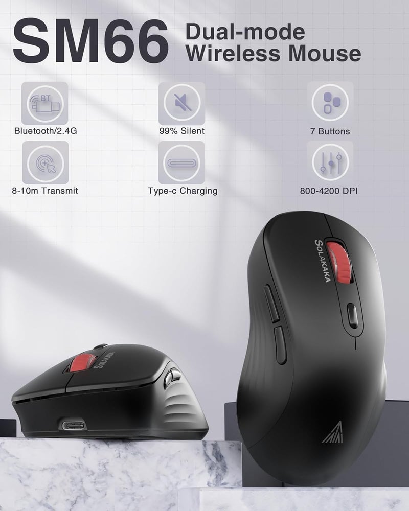 SOLAKAKA SM66 Silent Dual Mode 2.4GHz Wireless Mouse with 2 Side Buttons, 4800 DPI,Rechargeable Computer Mouse for Laptop,PC(Black) - Image 2