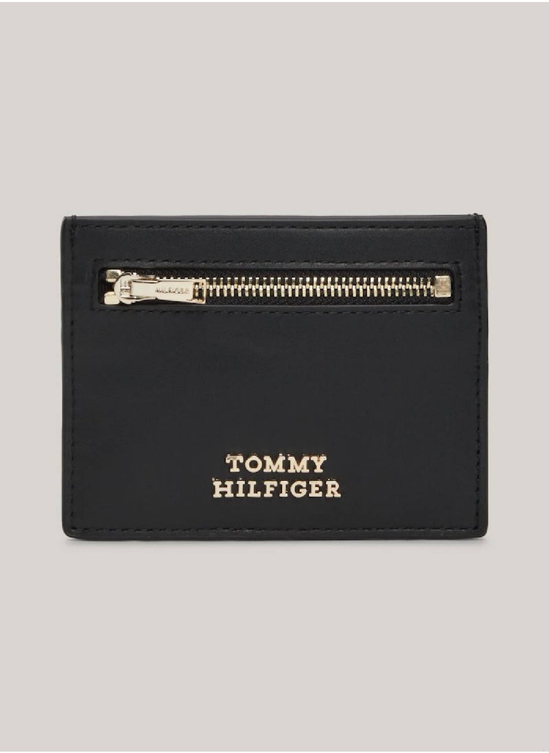TOMMY HILFIGER Women's Metallic Logo Leather Credit Card Holder -  Leather, Black  - Image 1