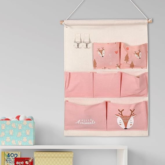 iSTORE 7 Pocket Wall Hanging Storage Bag with 2 Hook Cotton Linen Hanging Pockets Organizer Wall Decoration Door Closet Hanging Bag Multicolor - Image 5