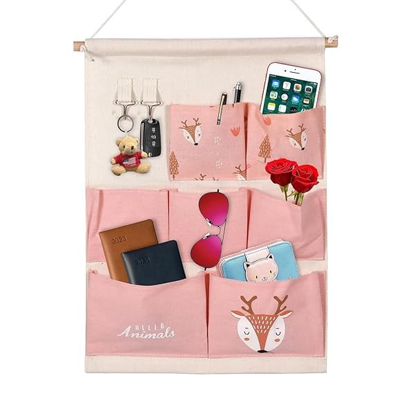 iSTORE 7 Pocket Wall Hanging Storage Bag with 2 Hook Cotton Linen Hanging Pockets Organizer Wall Decoration Door Closet Hanging Bag Multicolor - Image 1