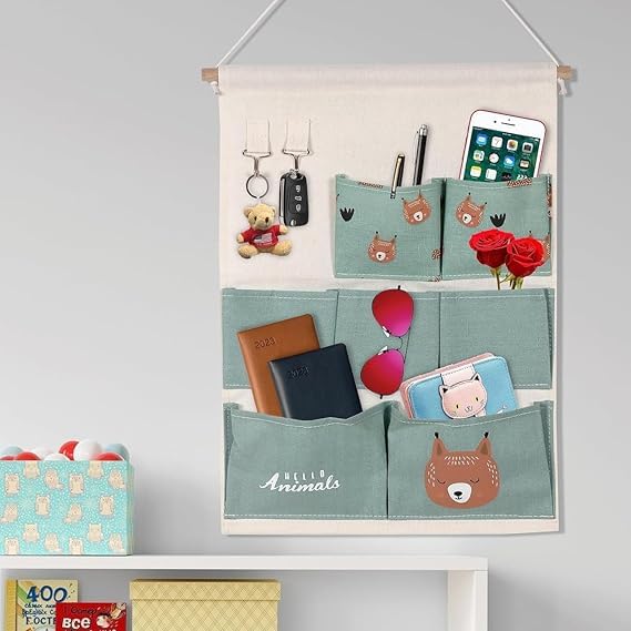 iSTORE 7 Pocket Wall Hanging Storage Bag with 2 Hook Cotton Linen Hanging Pockets Organizer Wall Decoration Door Closet Hanging Bag Multicolor - Image 4