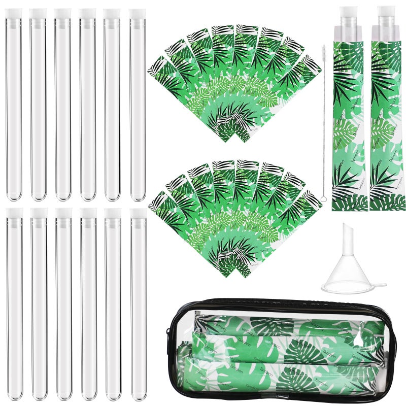 fethwoin 39 Pcs Tampon Tube Flasks Set for Women Includes 12 Reusable Plastic Flasks for Girls 24 Self Adhesive Wrappers 1 Funnel1 Clear Box Flasks for Cruise Event Concert Outdoor Sports