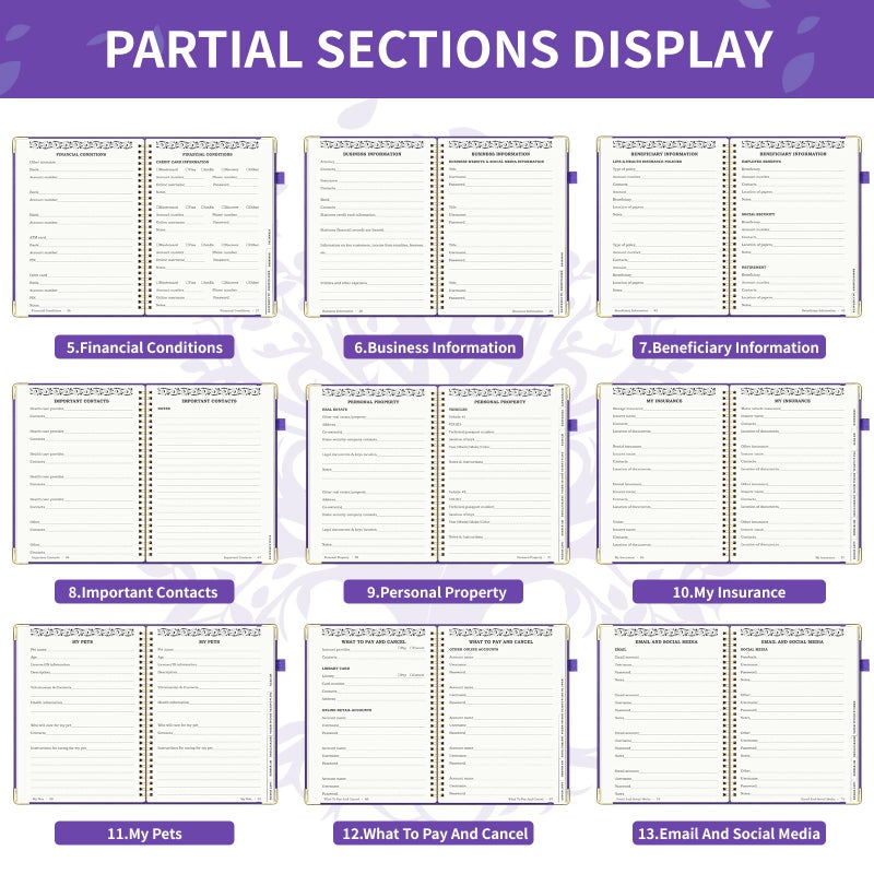 Blugool End of Life Planner, Spiral Estate Planning Organizer with Tabs for Senior, I'm Dead Now What Planner for Final Arrangements & Important Affairs with Large Print, 7.9"x10.4", Purple - Image 5