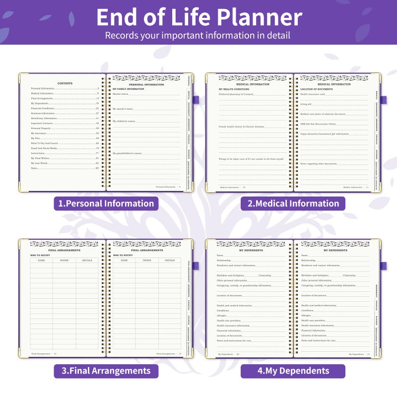 Blugool End of Life Planner, Spiral Estate Planning Organizer with Tabs for Senior, I'm Dead Now What Planner for Final Arrangements & Important Affairs with Large Print, 7.9"x10.4", Purple - Image 4